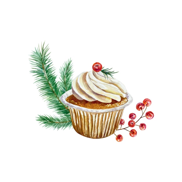 Torta de Navidad con rama de abeto y bayas acuarela tarjetas de Año Nuevo pancartas invitaciones carteles