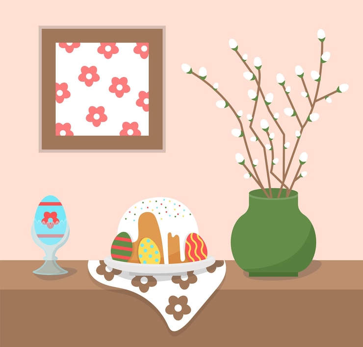 Vector torta de pascua con huevo de pascua en un soporte y composición vectorial de focas de sauce