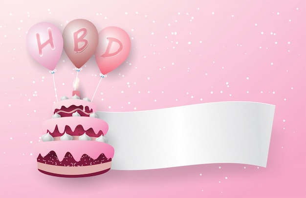 Torta rosa de tres capas flota con tres globos rosas. Hay una letra HBD en el globo y una bandera de fondo blanco flota del pastel. Sobre el fondo rosa.