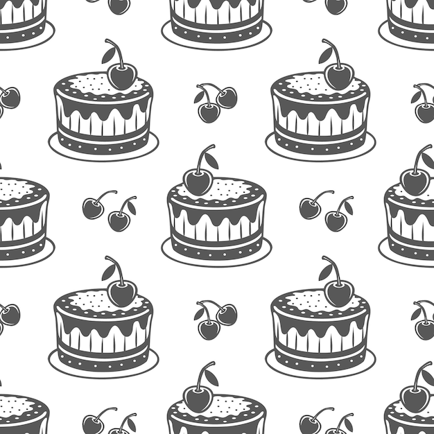 Tortas de cereza y fresa sin costuras con siluetas de horneado grabadas en blanco y negro