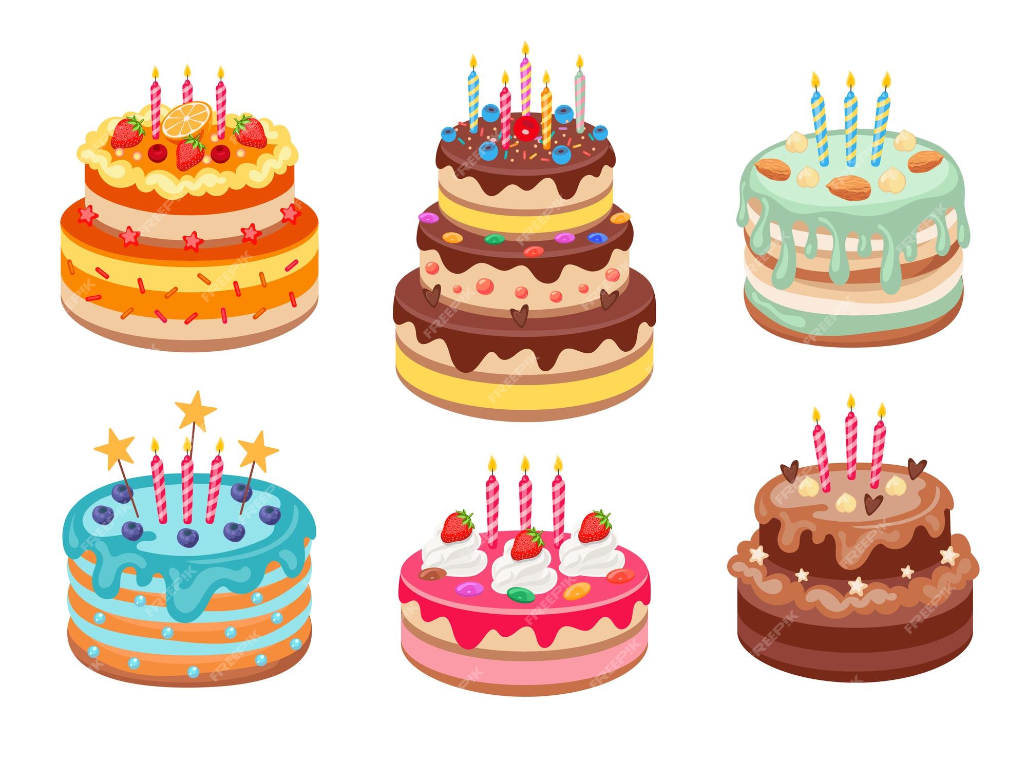 Tortas de cumpleaños con velas conjunto de ilustraciones de dibujos animados.  deliciosos pasteles o tartas de chocolate con una decoración elegante y  glaseado aislado en blanco | Vector Premium