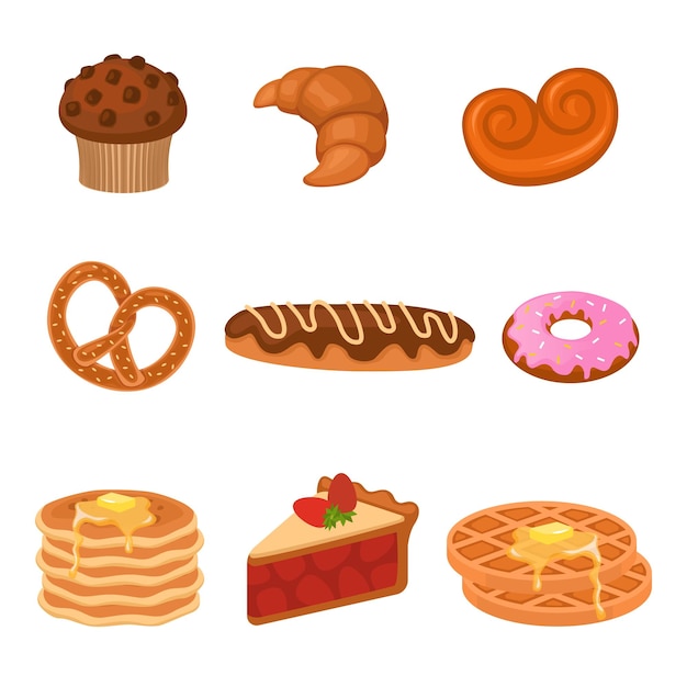 Tortas de dibujos animados Conjunto de productos de trigo Dulce pretzel y croissant donut y cupcake waffles y pedazo de pastel Postre deliciosa comida confitería y panadería menú vector colección de iconos aislados