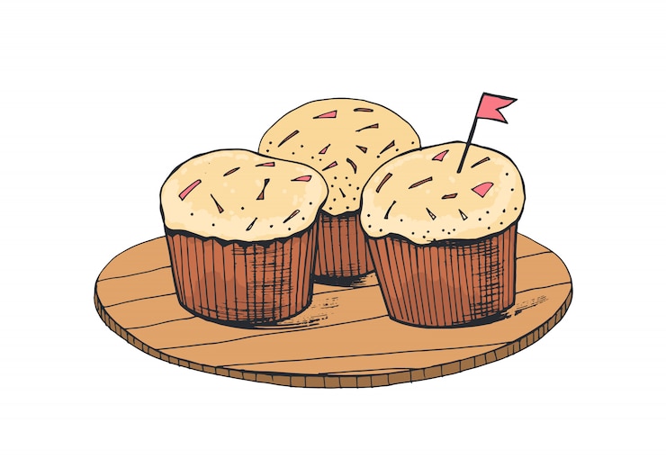 Vector tortas dulces deliciosas o magdalenas sabrosas que mienten en la placa de madera aislada en el fondo blanco. apetitoso postre horneado decorado con crema, chispas y una pequeña bandera.