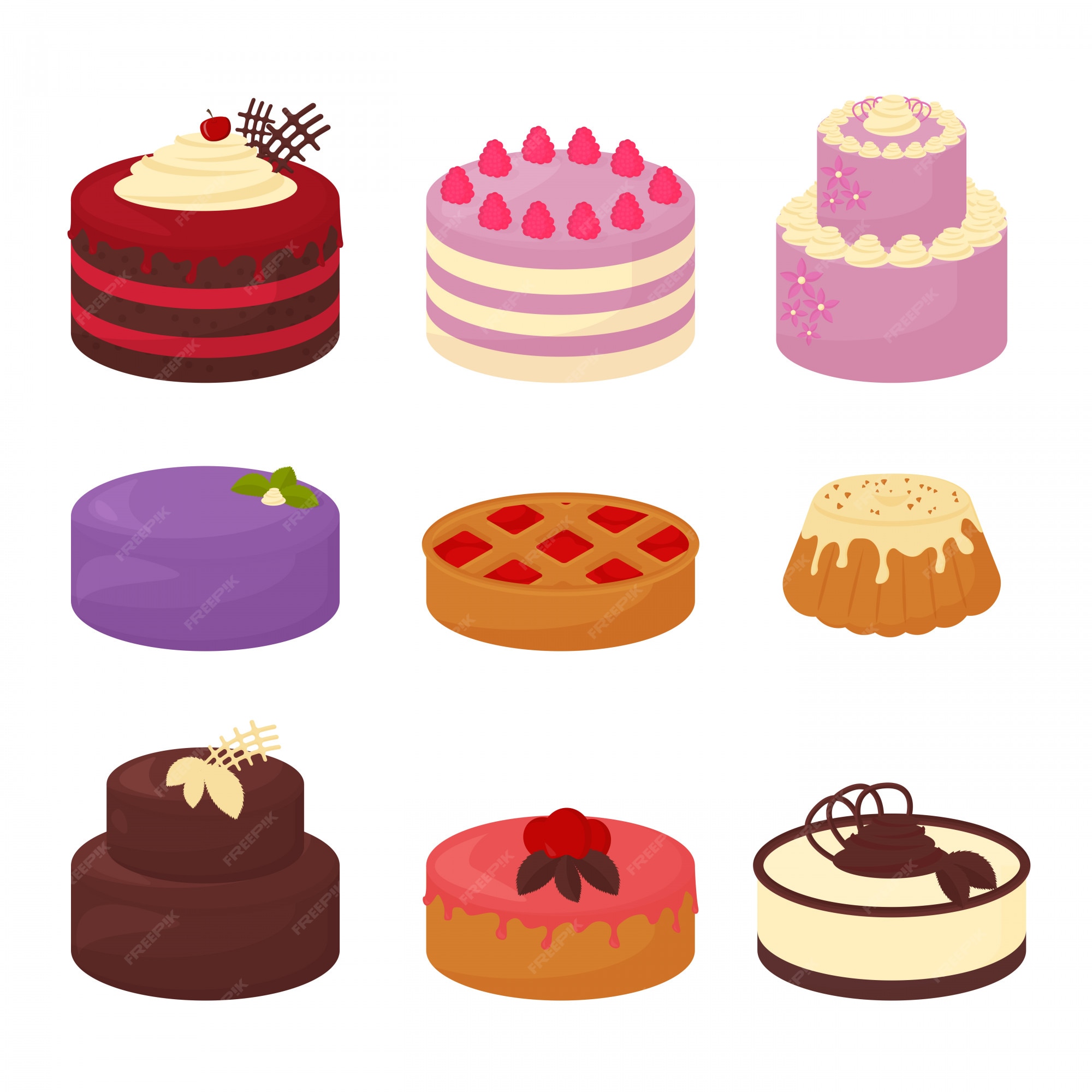 Tortas set iconos en estilo plano de dibujos animados. colección de  ilustración de pasteles de colores brillantes con chocolate y crema, pastel  y bollo sobre fondo blanco. | Vector Premium