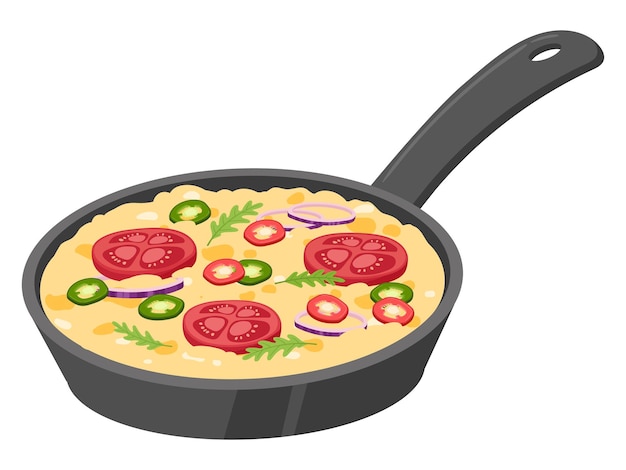 Tortilla de huevos revueltos de dibujos animados Huevos fritos batidos cocidos Plato de huevo de desayuno sabroso servido en ilustración de vector plano de sartén sobre fondo blanco