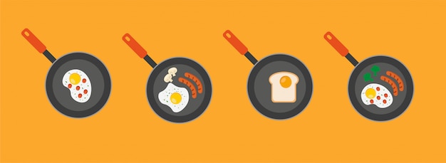 Tortilla en una sartén. Ilustración plana de huevo en el icono de vector de plancha para diseño web