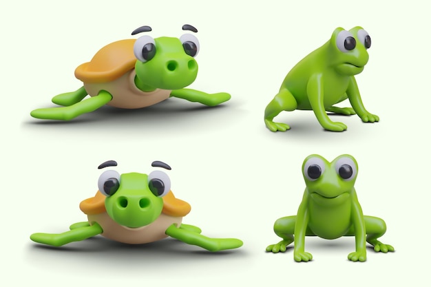 Vector tortuga 3d y rana en diferentes posiciones vista delantera y lateral anfibios verdes y lindos