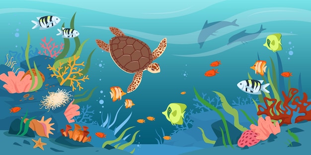 Tortuga en aguas marinas o oceánicas bajo el agua vida silvestre tropical vector ilustración dibujos animados anima acuática