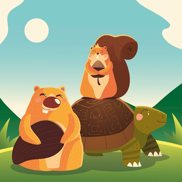 Tortuga ardilla y castor en la hierba ilustración de animales de dibujos animados