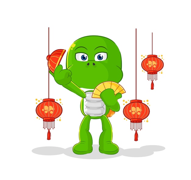 Tortuga china con vector de caracteres de ilustración de linternas