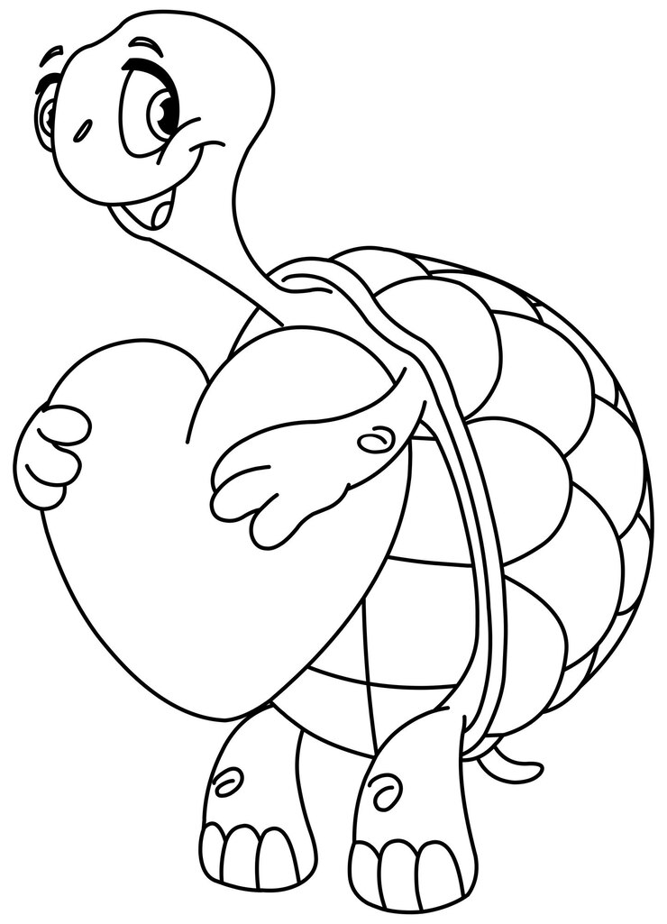 Vector la tortuga con contornos que sostiene un corazón ilustración vectorial de arte de línea página para colorear