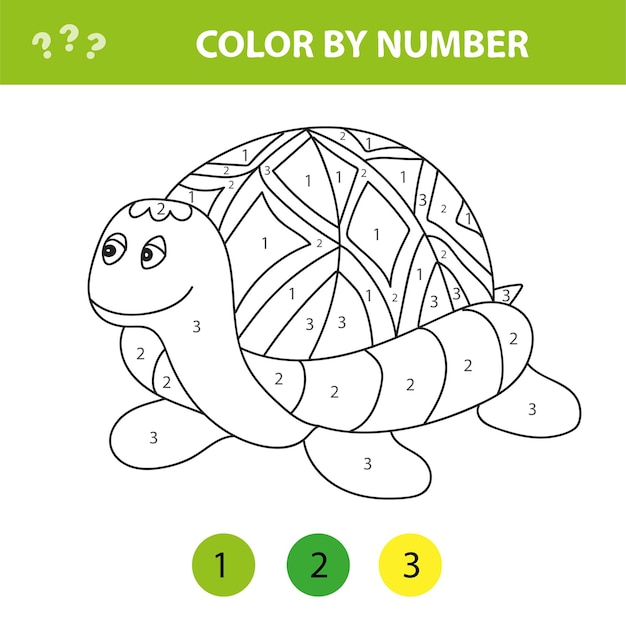 Tortuga de dibujos animados. juego educativo de color por número para niños. ilustración para escolares y preescolares.