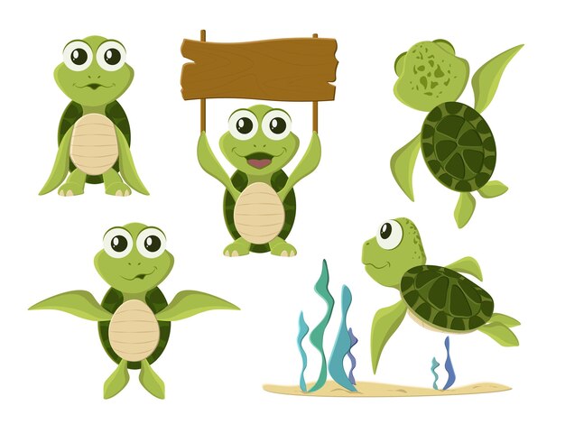 Tortuga de dibujos animados en varias poses de acción. Tortuga de dibujos animados. Personajes de animales salvajes de tortuga linda aislados.