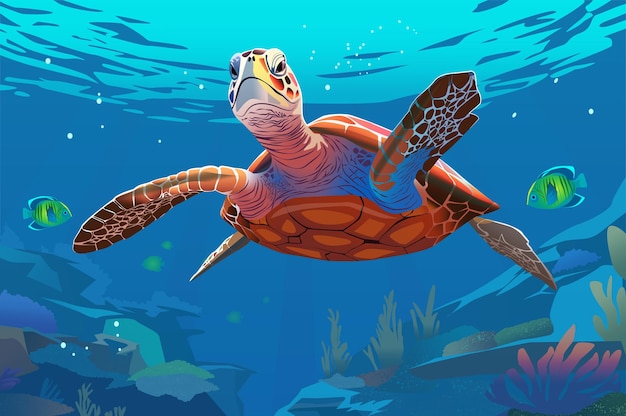 Vector tortuga de fondo en el mar un diseño encantador que presenta una ilustración de un mar tranquilo con una suave tortuga deslizándose ilustración vectorial