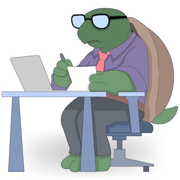 Una tortuga con gafas se sienta en un escritorio con una computadora portátil y un pedazo de papel