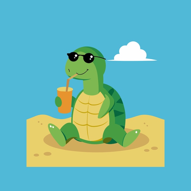 una tortuga con gafas de sol y un vaso de jugo