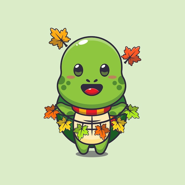 Tortuga linda con decoración de hojas de otoño