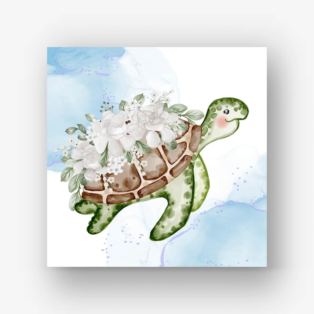 Vector tortuga linda con flor blanca ilustración acuarela