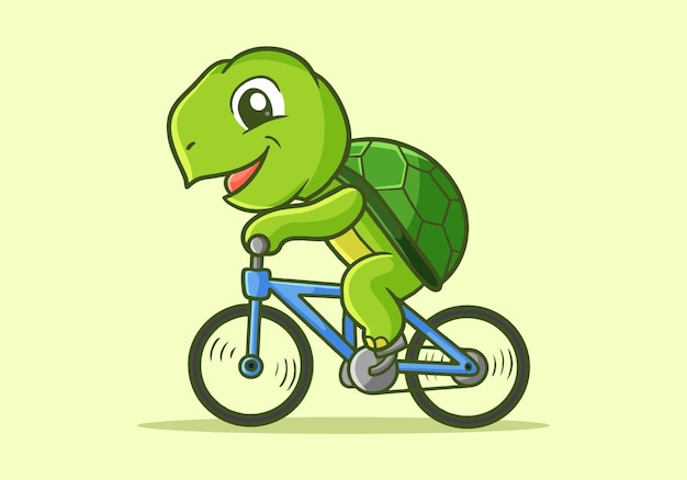 Una tortuga linda montando una bicicleta, ilustración del personaje de la mascota
