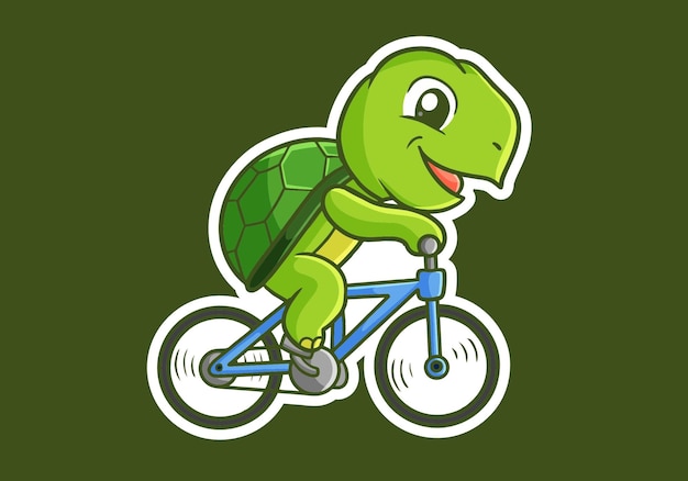 Una tortuga linda montando una bicicleta, ilustración del personaje de la mascota