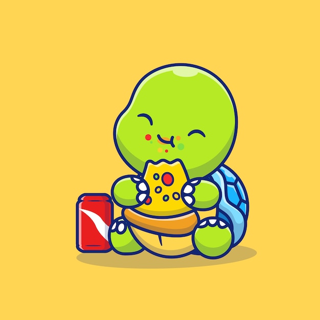 Tortuga linda que come la pizza con el ejemplo del icono de la historieta de la soda. Concepto de icono de comida animal aislado Premium. Estilo de dibujos animados plana