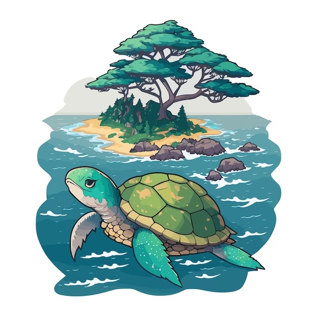 Vector tortuga marina en el mar con un árbol en una isla al fondo