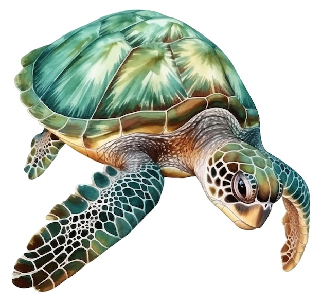 Vector una tortuga marina verde con un caparazón verde en la cabeza.