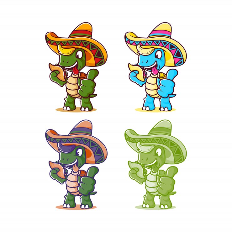 Vector tortuga mexicana de dibujos animados come tacos y usa sombrero