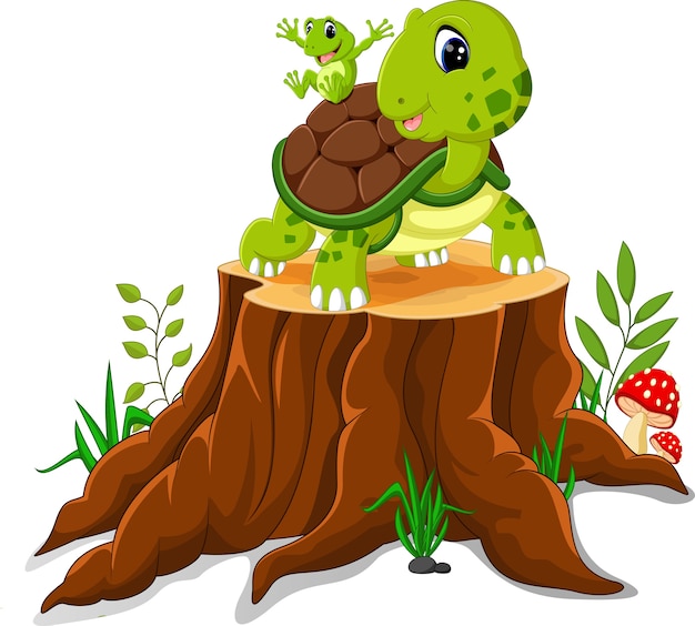 Tortuga y rana de la historieta que presentan en tocón de árbol