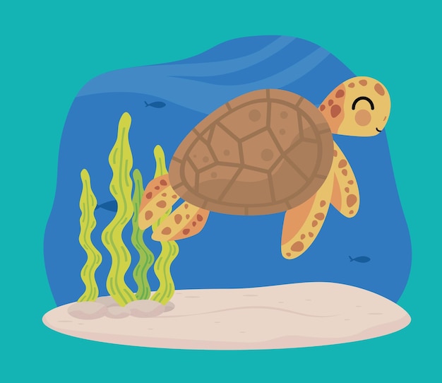 Vector tortuga submarina con algas
