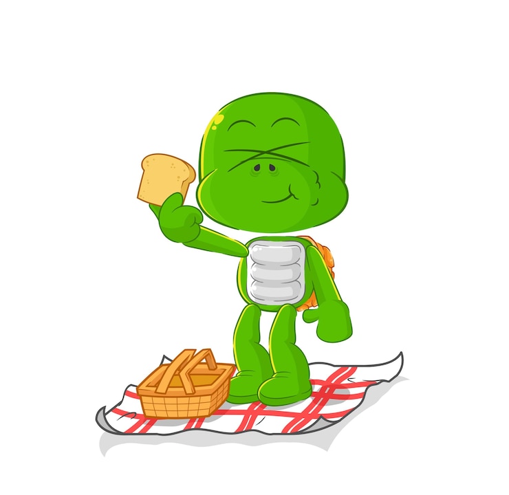 Vector tortuga en un vector de mascota de dibujos animados de dibujos animados de picnic