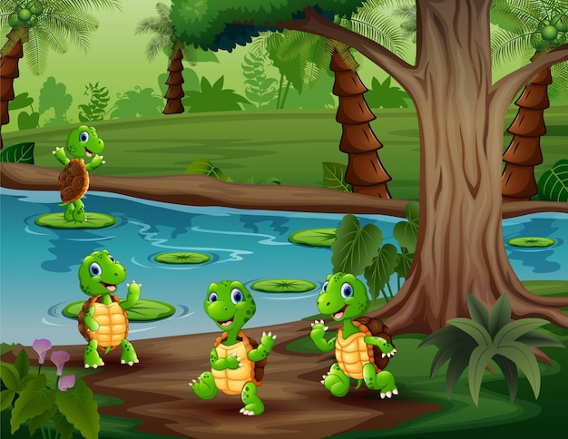 Tortugas divertidas jugando en la ilustración del río.