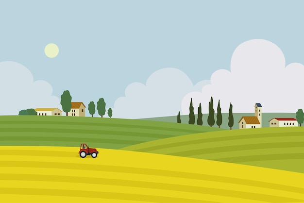 Toscana Italia Paisaje rural con campos agrícolas y tractor Ilustración vectorial