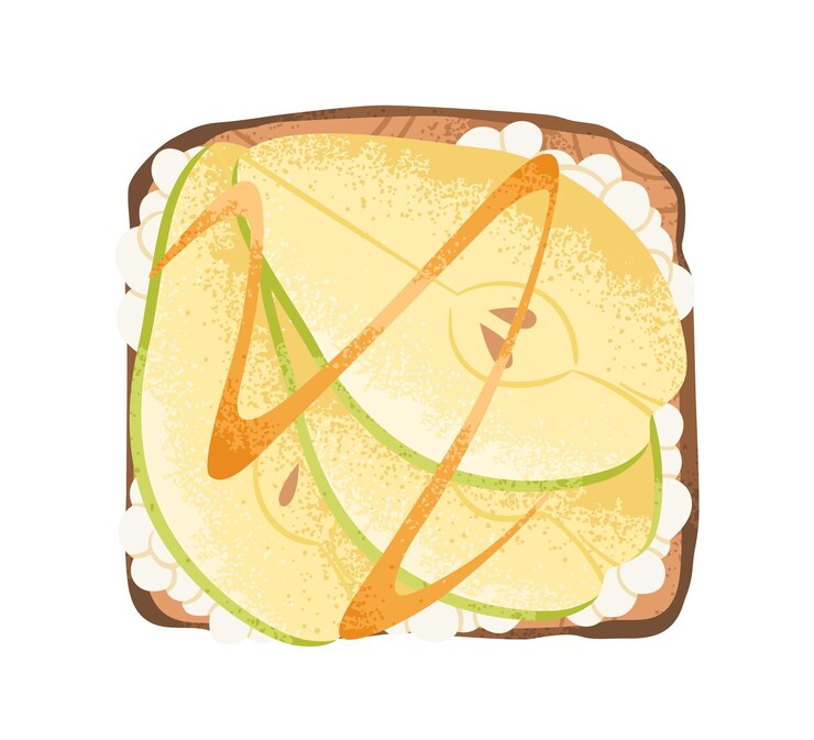 Vector tosta dulce con rodajas de pera, topping de cuajada y miel. sándwich de frutas con requesón. merienda saludable, postre. deliciosa comida de desayuno, vista superior. ilustración de vector plano aislado sobre fondo blanco.