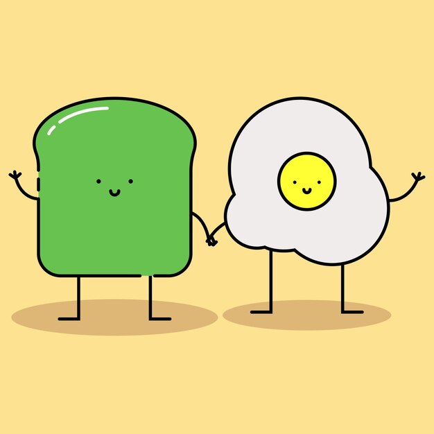Tosta de pan dibujada a mano con un huevo de lado soleado ilustración de personaje de dibujos animados