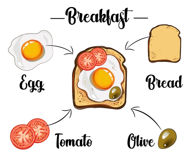 Vector tosta con revuelto de tomates pimientos y aceitunas ingredientes de la receta de tostadas