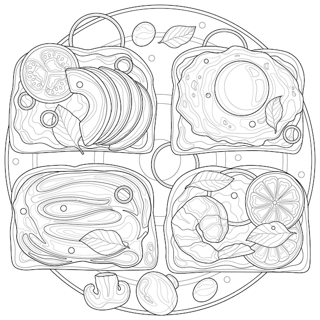 Tostada con huevo, aguacate y camarones. Libro de colorear antiestrés para niños y adultos. Ilustración aislada sobre fondo blanco Estilo Zen-enredo. Dibujo en blanco y negro