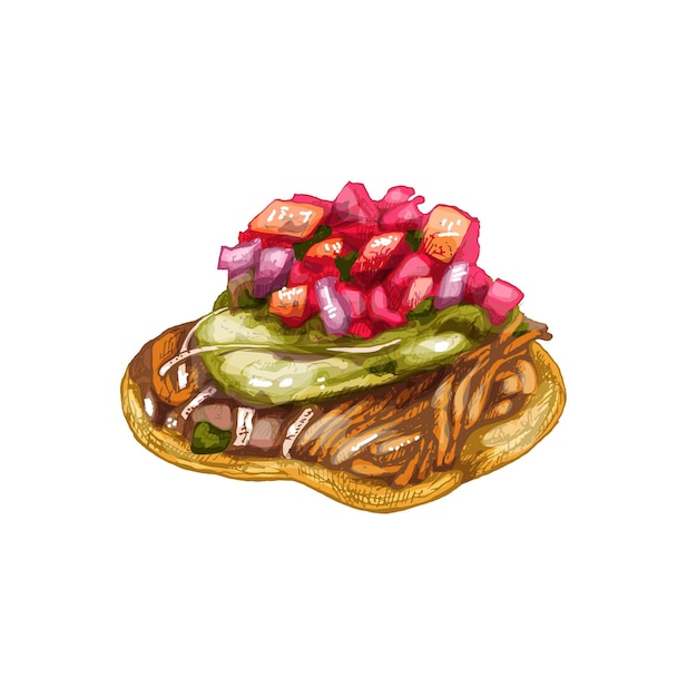 Vector tostada con lechuga y ensalada. comida tradicional mexicana. ilustración de color de eclosión de la vendimia del vector. aislado sobre fondo blanco. diseño dibujado a mano