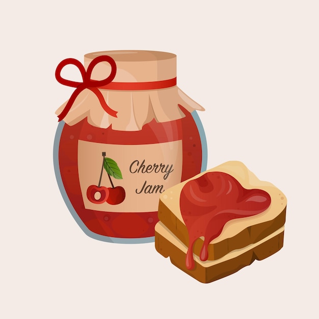 Tostadas de pan y mermelada de cereza Desayuno sabroso y dulce Vector
