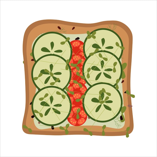 Tostadas con pepino y tomates para el desayuno nutrición adecuada vector ilustración plana