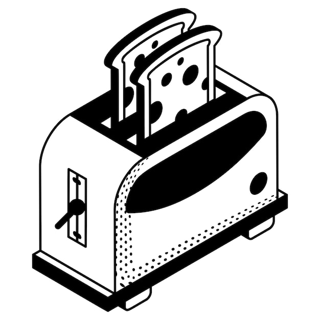Tostador pop-up concepto isométrico dispositivo de calor radiante para el pan rebanado marrón vector dibujado a mano panadería