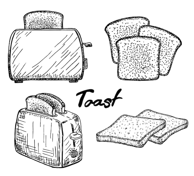 Tostadora eléctrica con una rebanada de sándwich de pan tostado Cocinar el desayuno dibujo vectorial