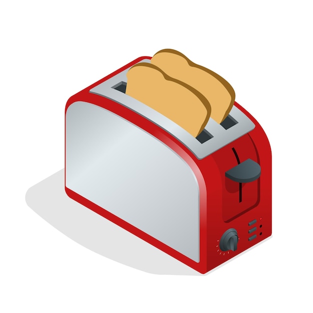 Vector tostadora con pan. diseño moderno de la tostadora de pan en el interior de la cocina. comida para el desayuno. estilo de vida saludable. ilustración isométrica de vector plano 3d.