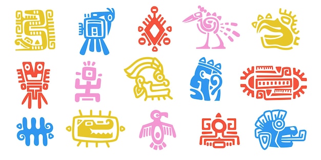 Vector tótem animal maya antiguo maya azteca mitología nativa símbolos tradicional antiguo ritual indígena mexicano monstruo signos vector colorido conjunto