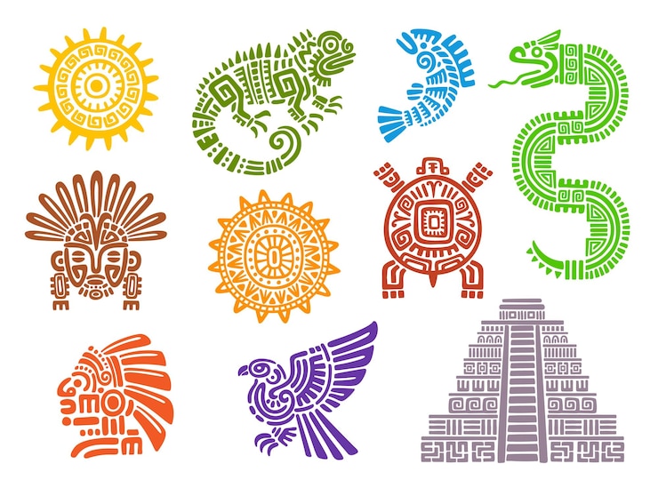 Vector tótems mayas aztecas símbolos tribales mexicanos o incas