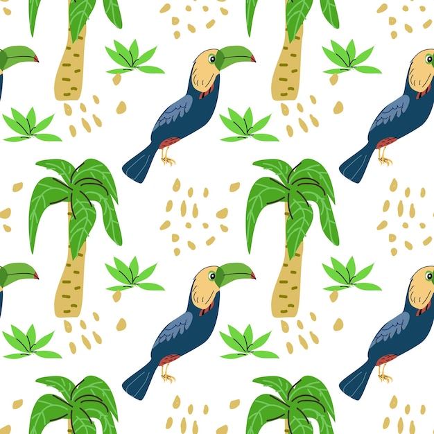 El toucán y la palma, aves tropicales de verano, con un patrón sin costuras