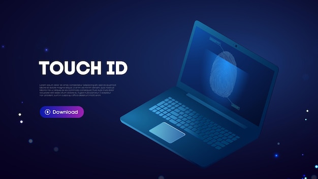 Touch id biometrics notebook autenticación biométrica fondo de tecnología azul