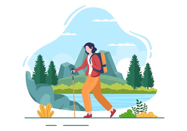 Tour de aventura sobre el tema de la escalada o vacaciones con vistas al bosque y la montaña en la ilustración