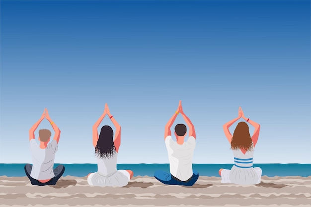 Tour de yoga para oficinistas Yoga en la playa Chicos y chicas meditan a la orilla del mar Banner para tour de yoga en el mar