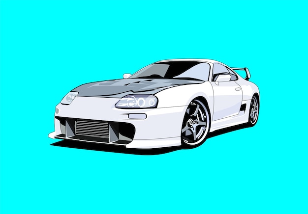 Toyota Supra blanco con modificaciones y un fondo azul